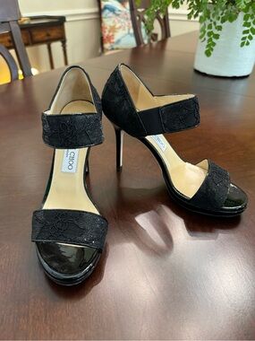 Jimmy Choo Black Lace Open-Toe Ankle-Strap Stilettos